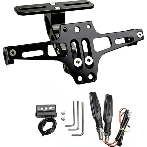 Motorrad-Kennzeichenhalter mit drehbarer LED-Beleuchtung (links und rechts). Verstellbarer Kennzeichenhalter aus Aluminium für die meisten Motorradmodelle (Schwarz).