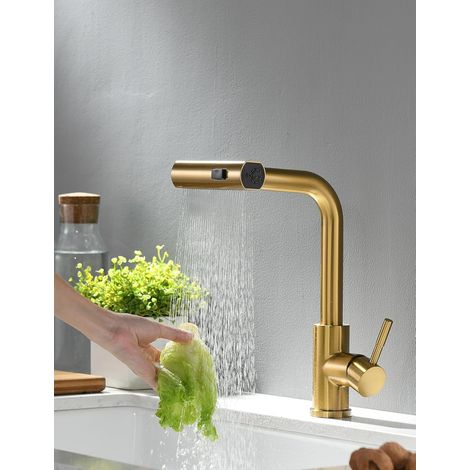 Extendable kitchen faucet - 360° swivel - Single-lever mixer tap for kitchen sink, gold