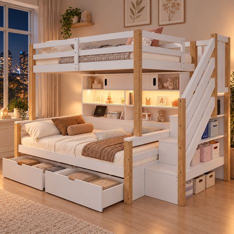Lit superposé enfant 90x200 cm avec 2 couchages, escalier rangement, LED, USB-C, étagères et portes coulissantes - Blanc Naturel (Sans Matelas) (1/5)
