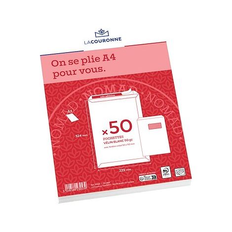 Pochette velin blanc 229 x 324 mm La Couronne 90 g avec fenêtre 50 x 110 mm - Boîte de 50 (1/2)