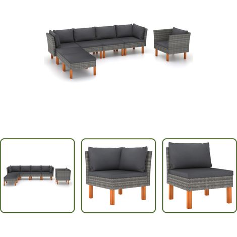 Gartenmöbel -  7-tlg. Garten-Lounge-Set Poly Rattan und Eukalyptusholz Grau