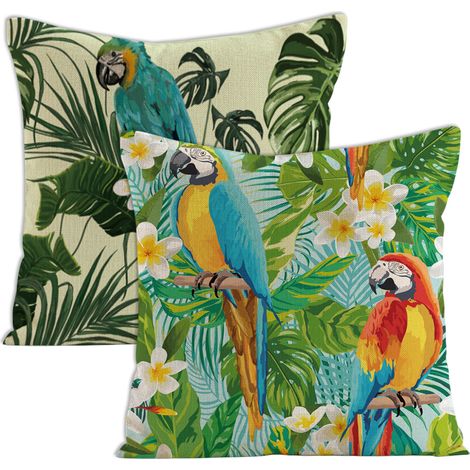 Ensemble de 2 housses de coussin décoratives à motifs floraux tropicaux, palmiers, feuilles et perroquets. Dimensions standard carrées : 45,7 x 45,7 cm (18 x 18 pouces). (1/5)