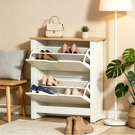 Meuble à chaussures 72x26x80 cm en panneaux de bois blanc, gain de place pour entrée FloraGrace (1/5)