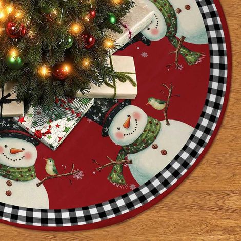 Falda para árbol de Navidad con diseño de muñeco de nieve rojo, 91 cm, estampado tartán Buffalo. Falda para árbol de Navidad con diseño de muñeco de nieve, tapete para árbol, estampado tartán. (1/5)