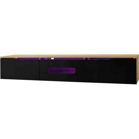 Mueble TV con 3 Puertas y LED 16 Colores por App Bluetooth, Montaje en Pared o Suelo, Acabado Brillo Negro, 180×35×30 cm (1/5)