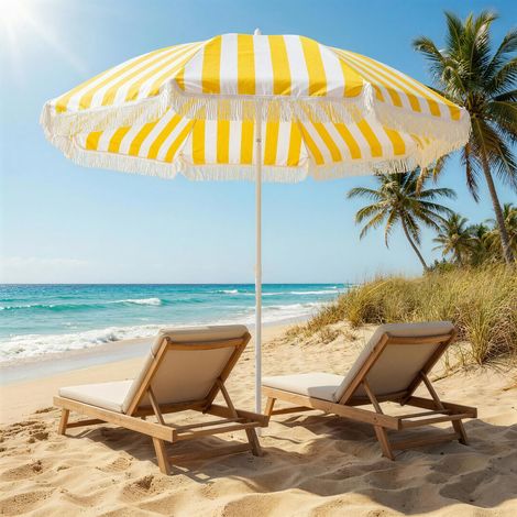 Parasol de plage 1,8 m, parasol de jardin, ancrage au sable, franges et inclinaison réglable, sac de transport, jaune