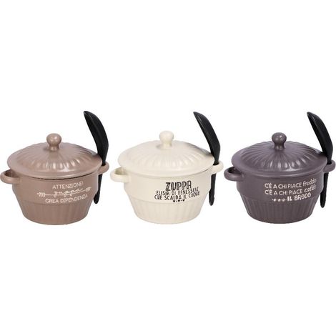 1 Pezzo Zuppiera da Portata in Ceramica con Coperchio e Cucchiaino 450 ml 3 Colori (1/2)