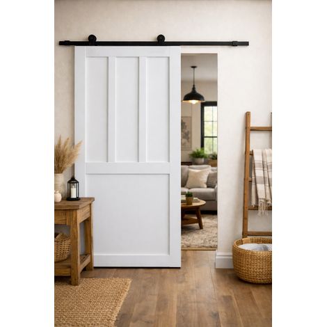 Porta scorrevole Officina 2 pannelli bianchi, larghezza 73 +  binario in acciaio nero