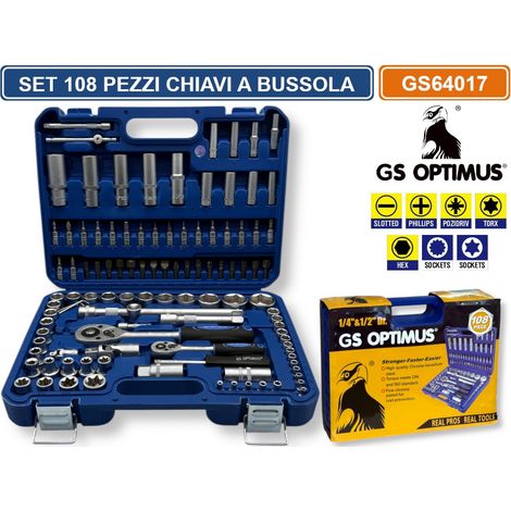 GS OPTIMUS GS64017 SET 108 PEZZI CHIAVI A BUSSOLA CON CRICCHETTO E ACCESSORI CROMO VANADIO CON VALIGIA (1/5)