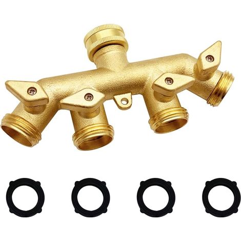 4-Wege-Schlauchverteiler aus Messing, 3/4"-GHT-Gartenschlauchadapter, 4 Ventile mit 4 zusätzlichen Gummidichtungen (1/4)