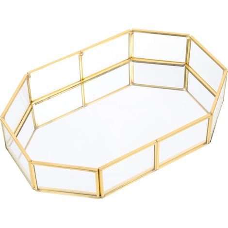 Octagonal Glass and Brass Jewelry Tray, Elegant Storage (1/5)