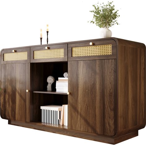 Commode/buffet 120 cm noyer, caisson à tiroirs avec poignées en rotin doré, 3 tiroirs + 2 placards + étagère ouverte, étagères réglables en hauteur, H 85 / L 120 / P 40 cm (1/5)