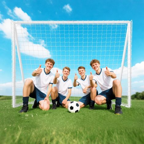 But de football filet robuste cadre plastique piquets blanc 240x90x180 cm