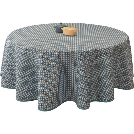 Le Linge de Jules Nappe Anti-Taches Paon Bleu foncé - Ronde 160 cm, Bleu, Noir, Safran (1/5)