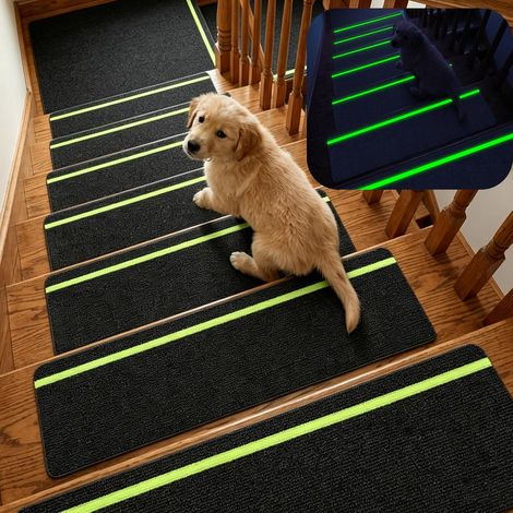 Lot de 15 tapis d'escalier phosphorescents - Autocollant - 76 cm x 20 cm - 100 % polyester - Dos TPE - Pour enfants, personnes âgées et animaux domestiques - Noir (1/5)