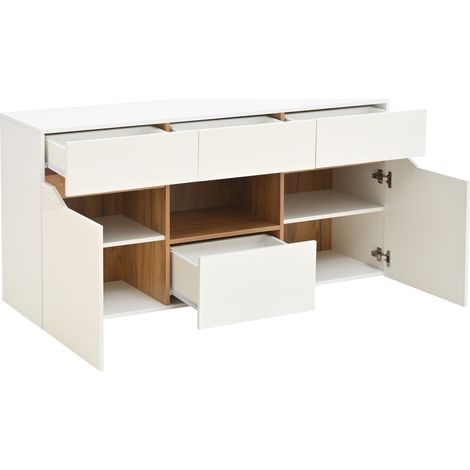 Aparador de salón 140 x 40 x 70 cm con 4 cajones y 2 puertas, blanco efecto madera con LED, MODENUIT (1/5)