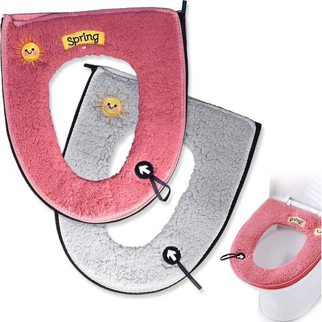 Lot de 2 housses de siège de toilette chaudes et moelleuses avec poignée et fermeture éclair, lavables et réutilisables (rose + gris) (1/5)