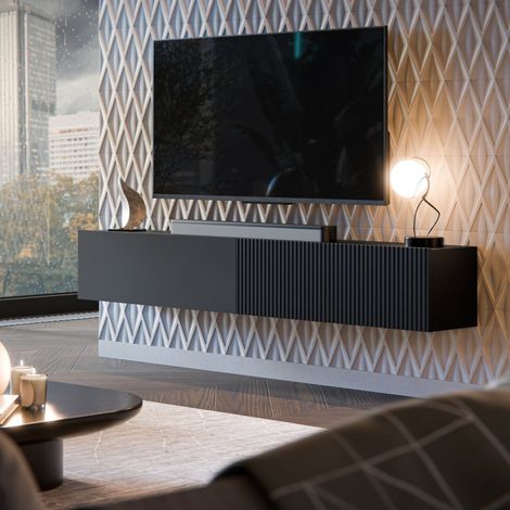 Mobile Porta tv Sindia, un Ripiano, Modulabile, Apertura a Ribalta, 200x29.8x30.5h cm Nero Antracite