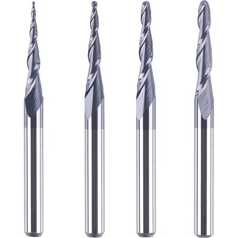 Satz von 4 konischen Fräsern, 3,175 mm, Radius von 0,25 bis 1,0 mm, CNC-gefräste Hartmetallfräser mit TiAlN-Beschichtung zum Schnitzen, Gravieren und für die Holzbearbeitung. (1/5)