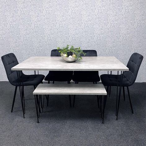 Grey Dining Table with Hairpin Legs, Bench & 4 Black Velvet Chairs Set for Kitchen & Dining Room (1/5)