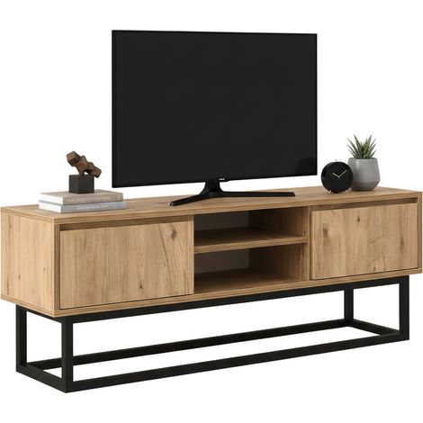 Dmora - Mueble de televisión Themis, Aparador de salón, Mueble bajo para TV, Base de pared equipada, 180x40h50 cm, Negro y Roble, con embalaje reforzado