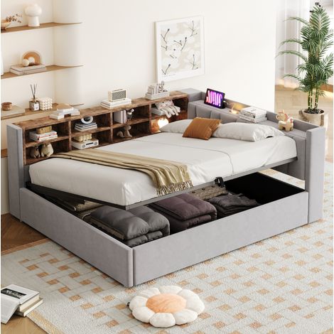 Letto imbottito multifunzione 140x200 cm in velluto grigio chiaro con contenitore idraulico, USB/Type-C, luce notturna e ripiani (1/5)