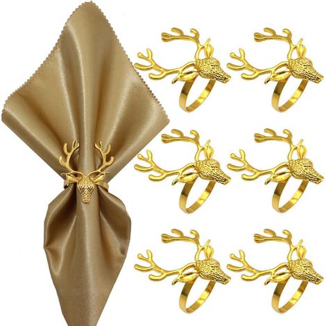 Ronds de serviette de Noël - Lot de 12 ronds de serviette Elk Gold pour la décoration de table des dîners et fêtes de Noël (1/5)