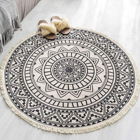 Tapis DExtrieur Nordique en Coton et Lin Rond Ethnique AntidRapant pour Chambre Coucher Bleu (1/4)
