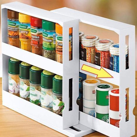 Fitags – Ausziehbares, drehbares Gewürzregal mit 2 Ebenen – Küchenschrankaufbewahrung – Maße: 27,5 x 10,5 x 28 cm – Maximale Belastung: 7 kg – Weißer Kunststoff (1/5)