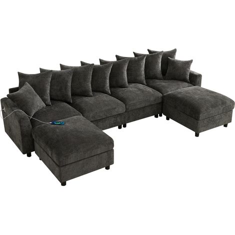 Sofá modular de esquina 6 plazas con puertos USB y Type-C, 8 cojines ajustables, Chenilla Gris (1/5)