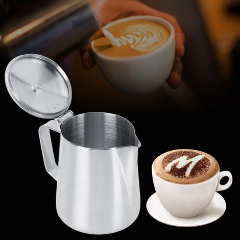 Pichet/tasse à lait en acier inoxydable de 350 ml avec couvercle, idéal pour préparer du lait et du café latte. (1/5)