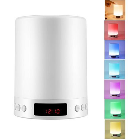 Lampe de chevet LED tactile, veilleuse RVB à couleurs changeantes, enceinte Bluetooth avec réveil numérique, idéale pour la chambre et le camping. (1/5)