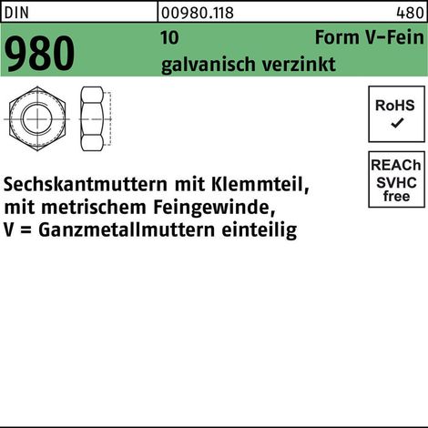 DIN 980/ISO 7086, 10513 Selbstsichernde Sechskantmutter M 24 x 2 Stahl galvanisch verzinkt 25 Stk (1/2)