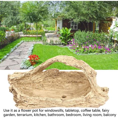 Pots pour succulentes en résine bois ébène artificiel, planter effet bois échoué naturel pour rebord fenêtre, table bureau/salon. Dimensions 29x12.5x13.5cm, trou d'évacuation. (1/4)