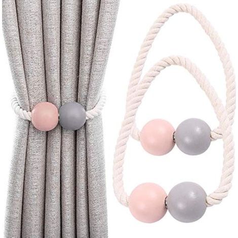 Embrasses de Rideaux Magnétiques 2Pcs Embrasses de Rideau Fenêtre Drapé Holdback Clips de Rideau en Bois pour La Maison, Dortoir, Bureau, Fenêtre Décorative, Rose+Gris (1/5)