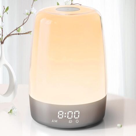 Réveil lumineux simulateur d'aube pour gros dormeurs, lampe de chevet à intensité variable, aide au sommeil, 7 lumières RGB, 7 alarmes sonores naturelles, minuterie de répétition (1/5)