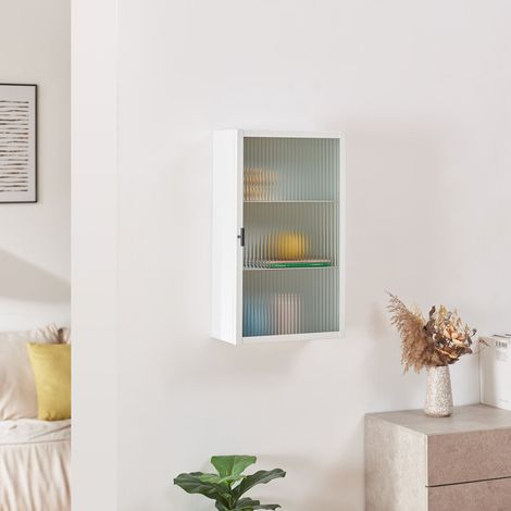 Armadietto a Parete Zundert Pensile ad Anta in Vetro Scanalato 60 x 35 x 15 cm - Bianco [en.casa]
