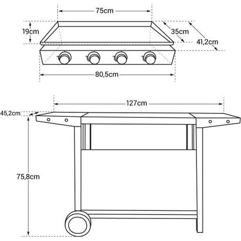 Happy Garden – Plancha à gaz 4 brûleurs 8kW – Acier émaillé – Chariot à roulettes – Bac récupérateur de graisse