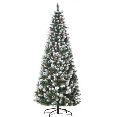 Albero di Natale Innevato Artificiale 180cm con Bacche Rosse e Pigne Bianche, Base Rimovibile Pieghevole, 618 Rami (1/5)
