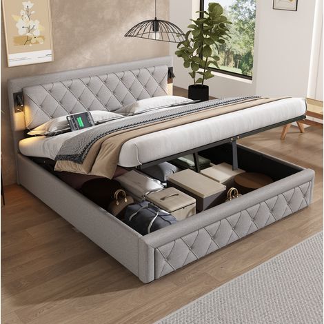 Letto contenitore 180x200 cm in lino grigio con porta USB, illuminazione integrata e rete a doghe. (1/5)