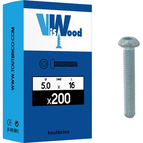200 vis métaux 5x16mm tête Bombée Hexcreuse zingué Viswood