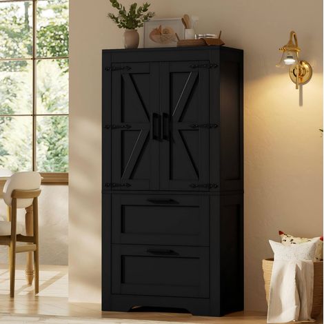 Credenza alta da cucina stile fienile nera con 2 cassetti e ripiani regolabili (1/5)