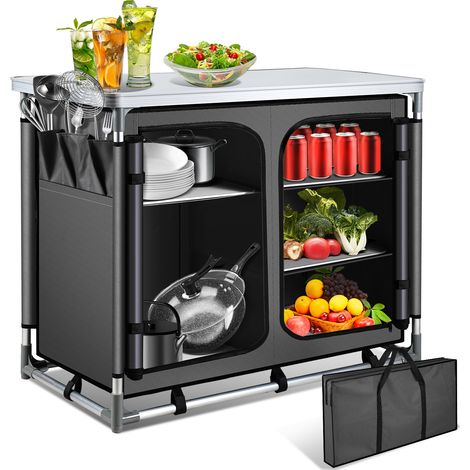 Randaco 97 x 50 x 78 cm Campingküche mit 1 Arbeitsplatte, 5 Fächer, Anthrazit – Outdoor Campingschrank Küchenstation für Camping, Garten & Wohnmobil