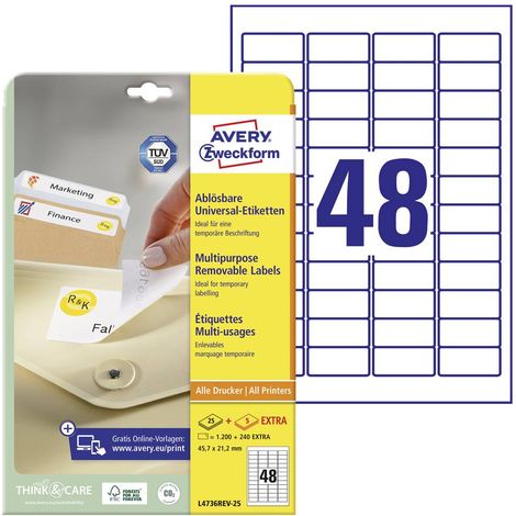 Avery-Zweckform L4736REV-25 Etichetta universale 45.7 x 21.2 mm Carta Bianco 1440 pz. Staccabile Stampante a getto d'in (1/5)