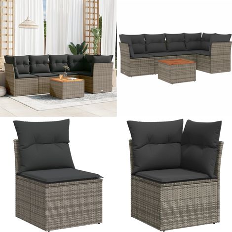 6-tlg. Garten-Sofagarnitur mit Kissen Grau Poly Rattan - Gartenmöbel Set - PE-Rattan Möbel - Outdoor Sofa - Esstisch - Lounge Set - Home & Living (1/5)