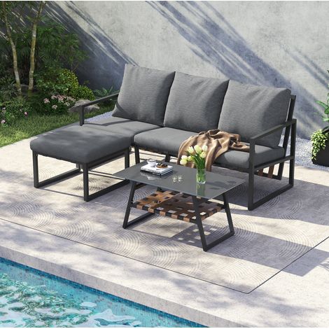 Ensemble de jardin en acier galvanisé 3 places gris avec table en verre trempé et pouf (1/5)