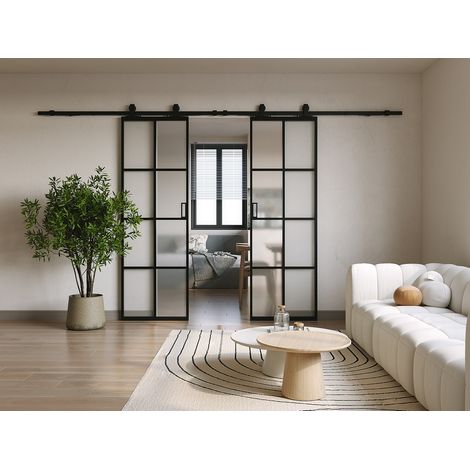 Porte coulissante double avec système en applique - aluminium et verre trempé dépoli - 2 x H205 x L83 cm - WILDEN II (1/4)