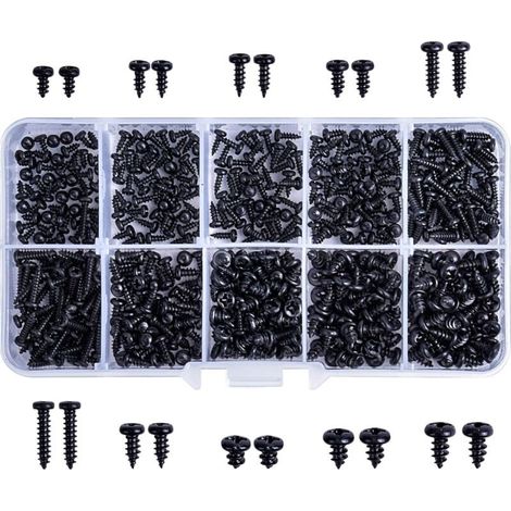 500Pcs Kit d'Assortiment de Vis Autotaraudeuses à Tête Ronde en Acier Au Carbone, 10 Taille Noir à Tête Fraisée à Empreinte Cruciforme Vis Avec Boîte De Rangement Pour Bois Plastique, Métal Mou (1/5)