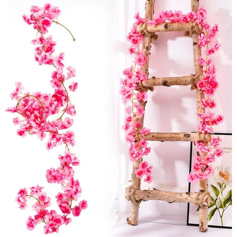 Lot de 2 Guirlande fleur, 135 têtes, Soie artificielle, Rose foncé, 1,8 m, Décoration mariage, Maison