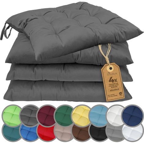 Lot de 4 Galettes de Chaises avec Rubans 40x40 cm – Coussin de Chaise Épais pour Intérieur & Jardin – Couleur Anthracite (1/5)